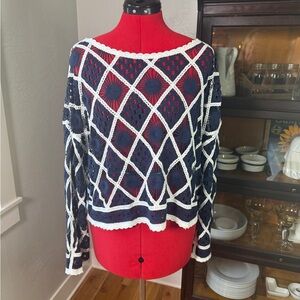 Hazel & Haze Navy White Crochet Pullover Sweater S/M Boho Festival Nautical